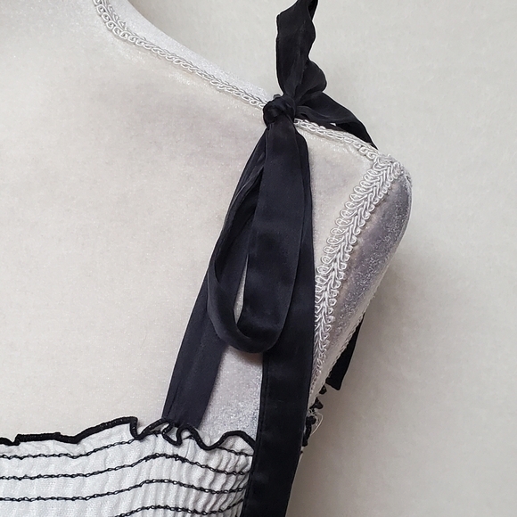 Vintage BEBE Black Silk White Linen Smocked Tie Shoulder Mini Babydoll Dress XS - Picture 4 of 15